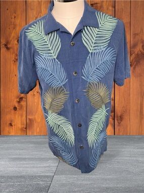 Tommy Bahama Men's L Blue 100% Silk Jacquard Embroidered Fronds For Life Shirt